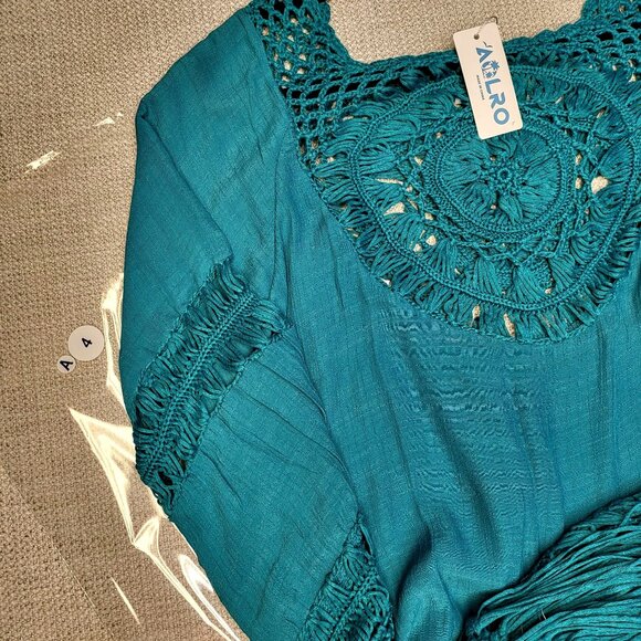 Women's Aolro Teal/Turquoise 3 In 1 Crochet Cover Up Size M Dress w/Fringe. NWT! - Picture 11 of 11